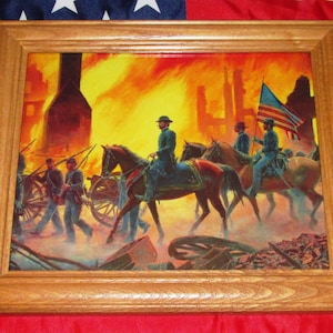 Framed Civil War Print / Painting, Mort Kunstler, GENERAL SHERMAN, Burning of Atlanta, Wall Art