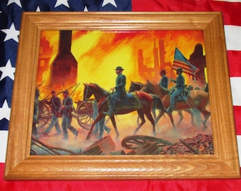 Framed Civil War Print / Painting, Mort Kunstler, GENERAL SHERMAN, Burning of Atlanta, Wall Art