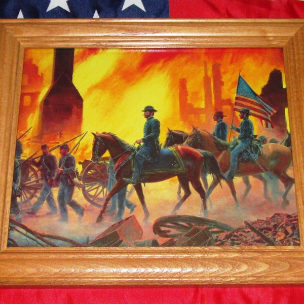 Framed Civil War Print / Painting, Mort Kunstler, GENERAL SHERMAN, Burning of Atlanta