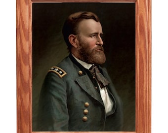 Framed Civil War Painting on canvas, Portrait of Ulysses S Grant by Thulstrup, Wall Art