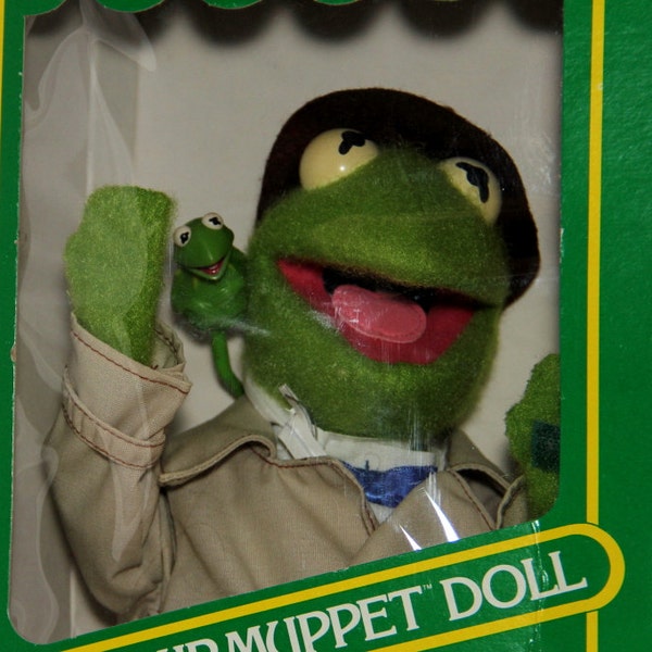 Fisher Price Kermit the Frog Dress Up Muppet Doll, Trench Coat, # 857, Velcro Hands