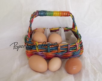 Woven Egg Basket with Handle, Colourful Gathering Basket, Egg Storage Container, Recycled Gift, Australian Handmade.