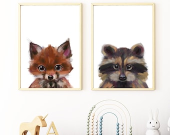 Woodland Animal Raccoon and Fox Nursery Wall Art, Cute Painterly Baby Fox and Raccoon Print for Cozy Kids Bedroom