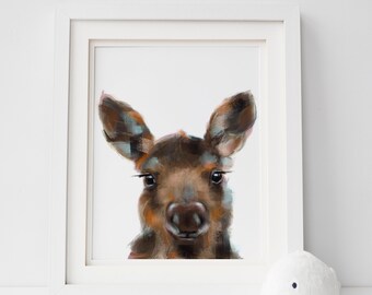 Cute Baby Moose Nursery Wall Art, Painterly Woodland Animal moose print for Forest Animal lover