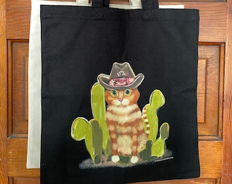 Orange Tabby Cowboy kitty cat Cotton Canvas Tote Bag gift, Cowboy cat in desert scene tote bag for orange cat lover