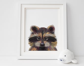 Cute Baby Raccoon Wall Art, Woodland Animal Art Print, Peeking Animal Art, Raccoon Lover, Forest Animal Nursery Decor Art