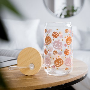 Pink Halloween Pumpkin Candy Corn Glass Water Bottle, Pinkoween Iced Coffee Glass Tumbler Gift for Halloween Lover