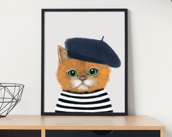 Ginger Cat Art, Funny Cat Wall Art, Orange Cat Print, Instant Download, Orange Cat Gifts, Kids Room Decor, French Cat