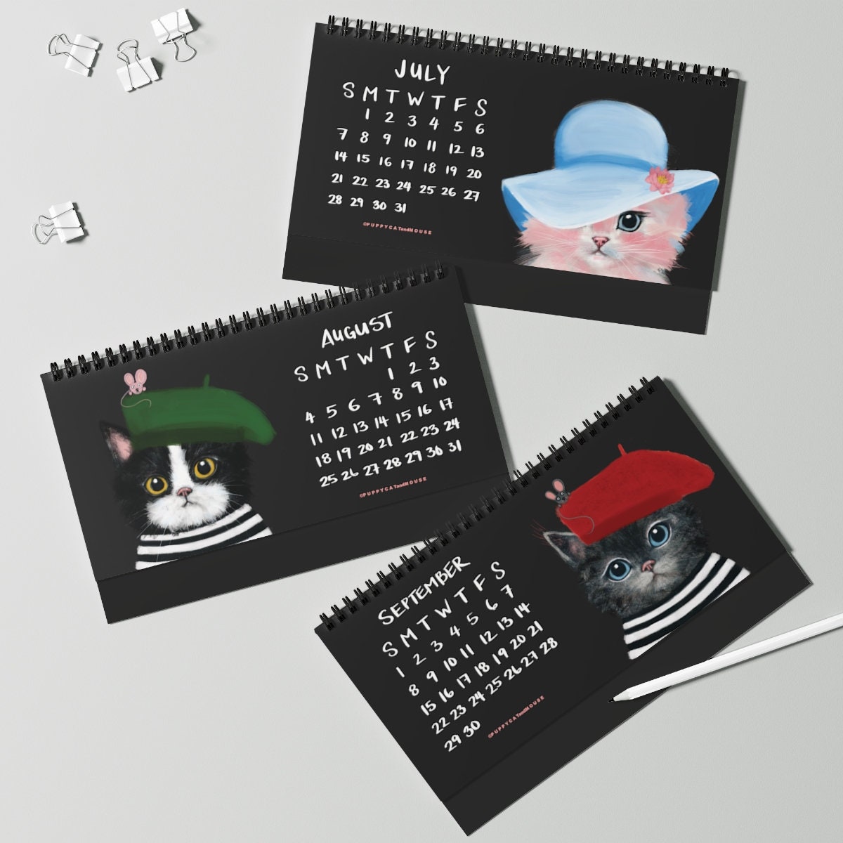 2024 Cats Calendar, Hats on Cats Funny Desk Calendar, Illustrated Cats