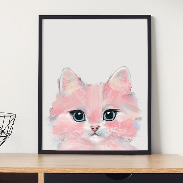 Kat kunst aan de muur, schattige roze kat afdrukbare, kinderkamer kunst aan de muur, roze Kitty kat kunst, digitale download, gluren kat kunst, kattenliefhebber, kat moeder, Boho kat