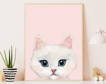 White Cat Printable, INSTANT DOWNLOAD, Girls Room Wall Art, White and Pink Cat Art, Cat Lover Gift, Nursery Decor Wall Art, Cat Mom