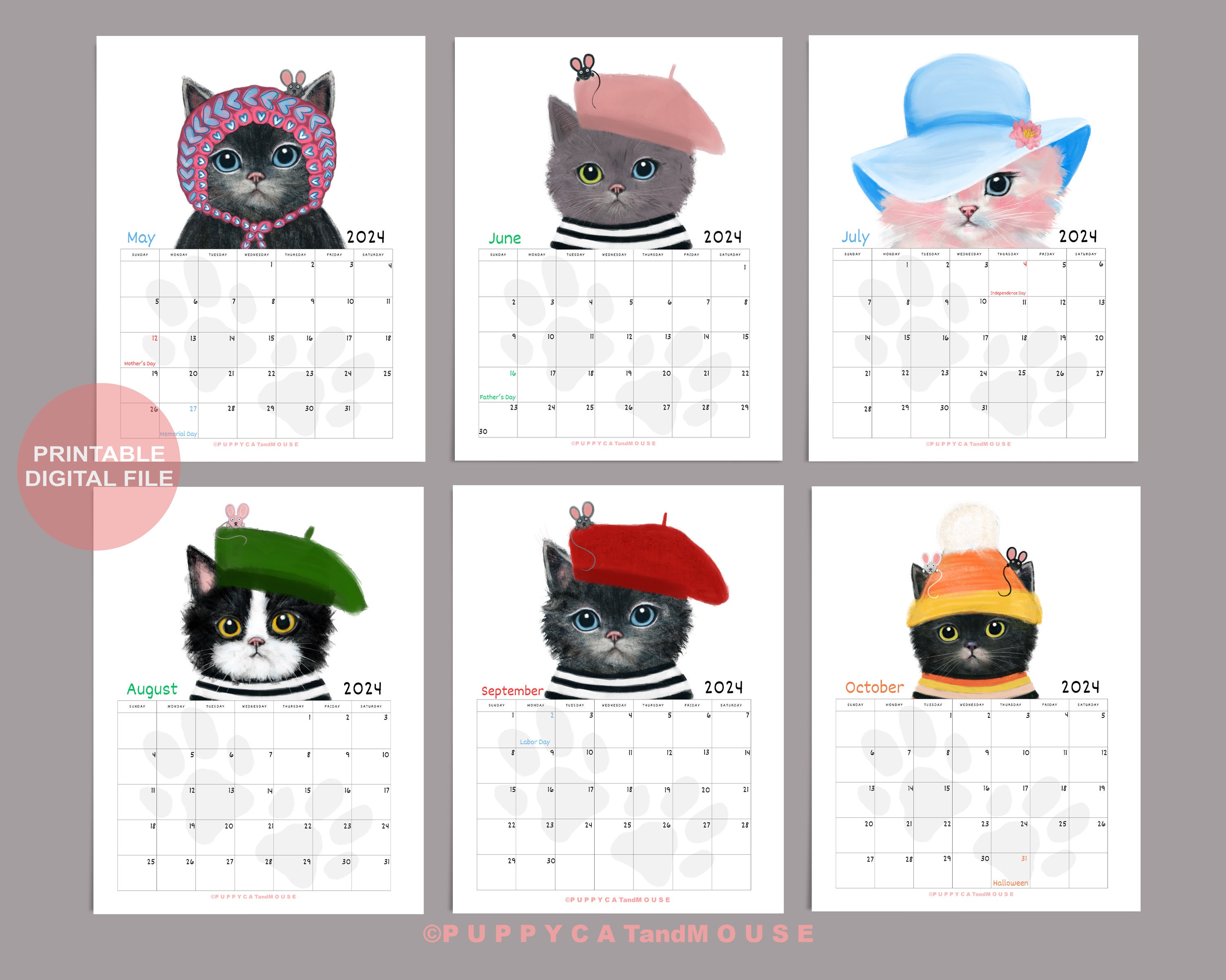 Cat Wall Calendar 2024, Printable Calendar, Funny Calendar, Cat Mom