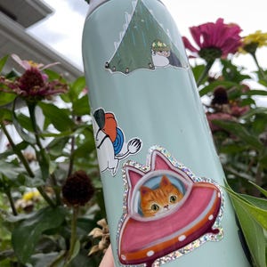 Cute Orange UFO Cat Glitter Vinyl Glossy Sticker, Cute Ginger Kitty Cat in Cat Flying Saucer Shiny Rainbow Sticker image 12