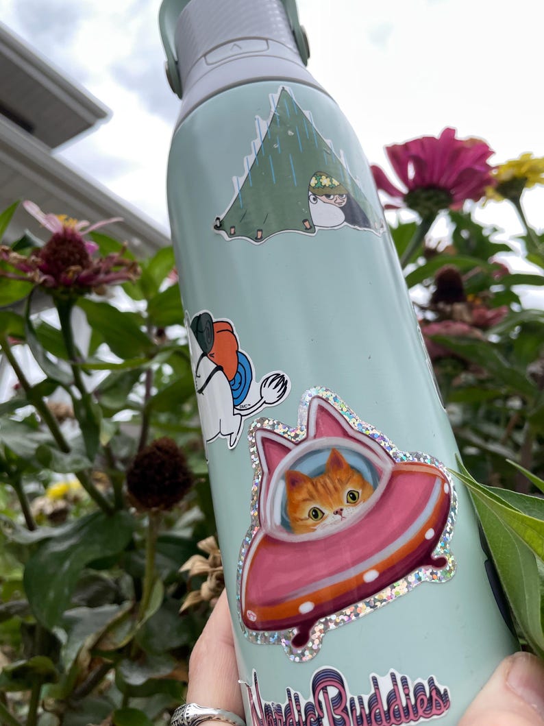 Cute Orange UFO Cat Glitter Vinyl Glossy Sticker, Cute Ginger Kitty Cat in Cat Flying Saucer Shiny Rainbow Sticker image 12