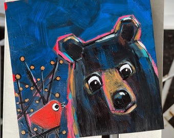 Original Acrylic Painting: Black Bear and Red Bird 5x5 Wood Panel Art Gift for Bear Lover