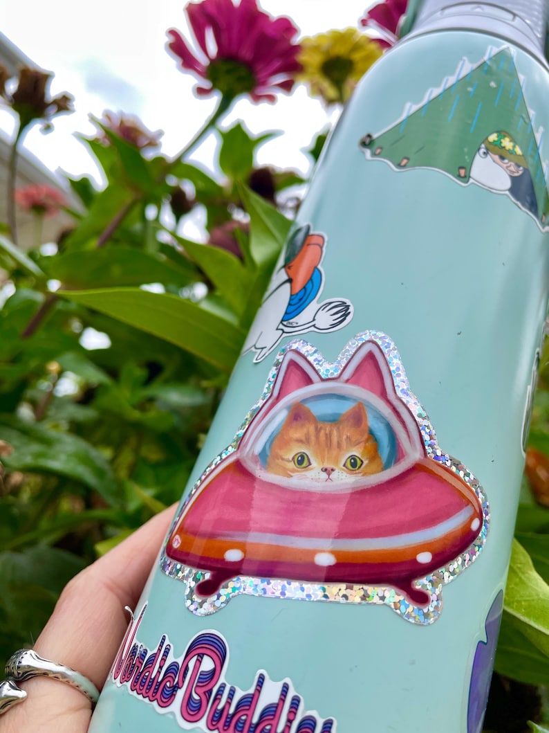 Cute Orange UFO Cat Glitter Vinyl Glossy Sticker, Cute Ginger Kitty Cat in Cat Flying Saucer Shiny Rainbow Sticker image 3