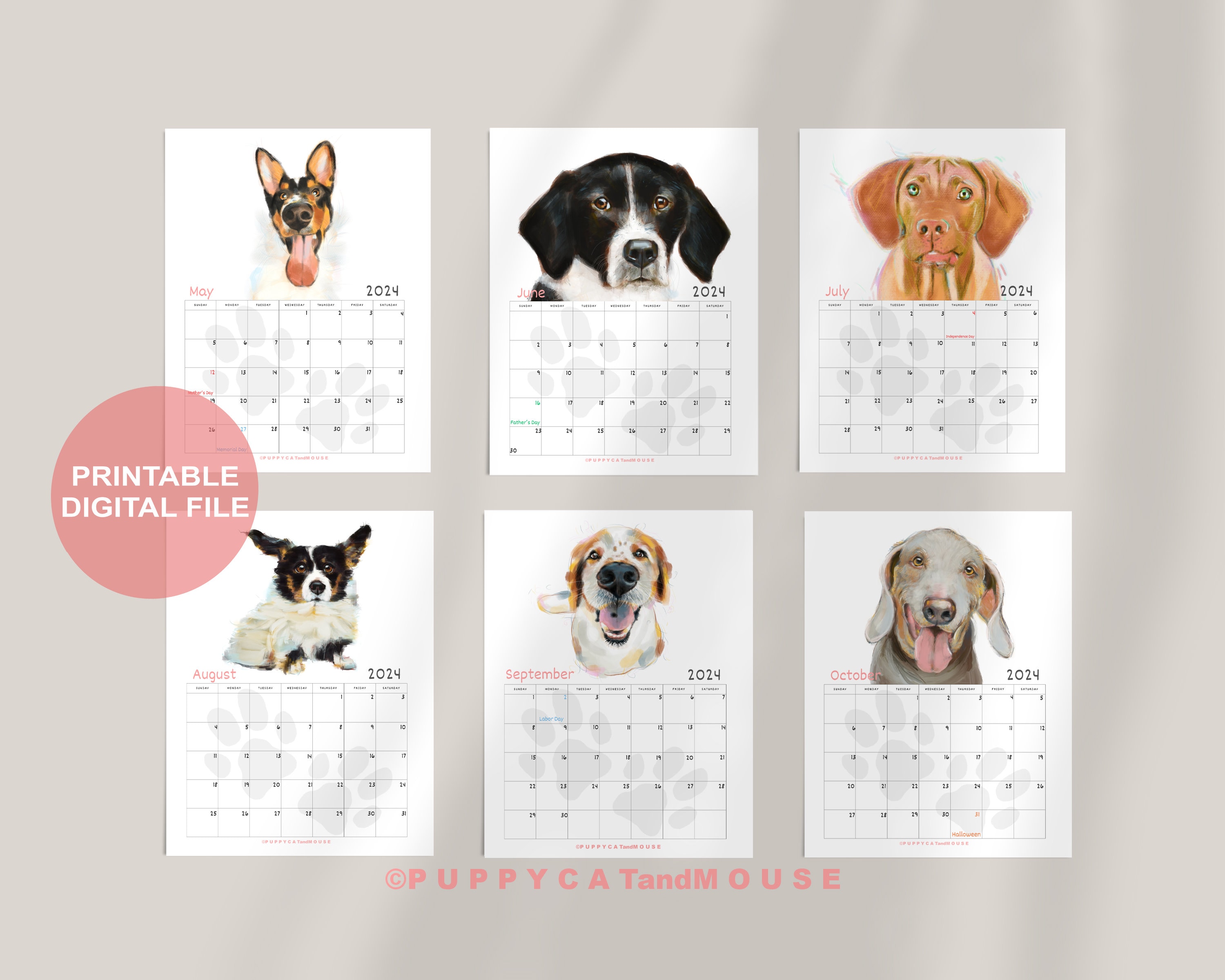 Dogs Calendar 2024, Funny Dog Calendar, Digital Download, 2024