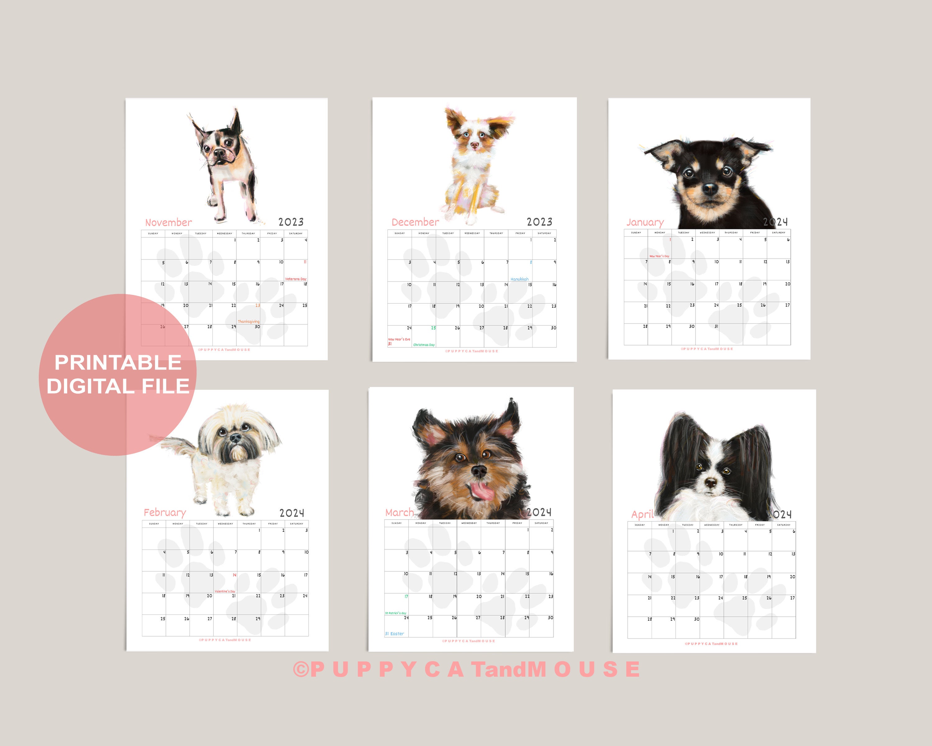 Dogs Calendar 2024, Funny Dog Calendar, Digital Download, 2024