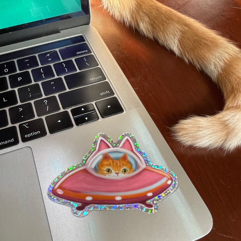 Cute and funny painterly orange kitty cat glitter sticker taking a spin in the abandoned pink alien flying saucer designed just for him-who wouldn’t?