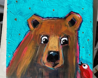 Brown Bear and Red Bird Original Acrylic 5x5 Painting Gift for Bear Lover