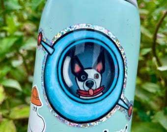Cute Outer Space Dog Glitter Sticker for Laptops, Funny Painterly Black and White Space Dog Sticker for Dog Moms and Water Bottles