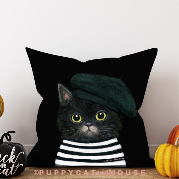 Black Cat Halloween Home Decor Pillow, Chic Boho Goth Black Cat Lover Gift