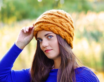 Knitted beanie with three cabled bands, handmade, made in Canada, Gif ideas