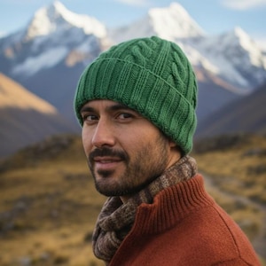 May include: A person wearing a green knitted beanie, a brown and tan scarf, and a rust-coloured jumper. The background features a mountain range with snow-capped peaks and a field of dry grass.