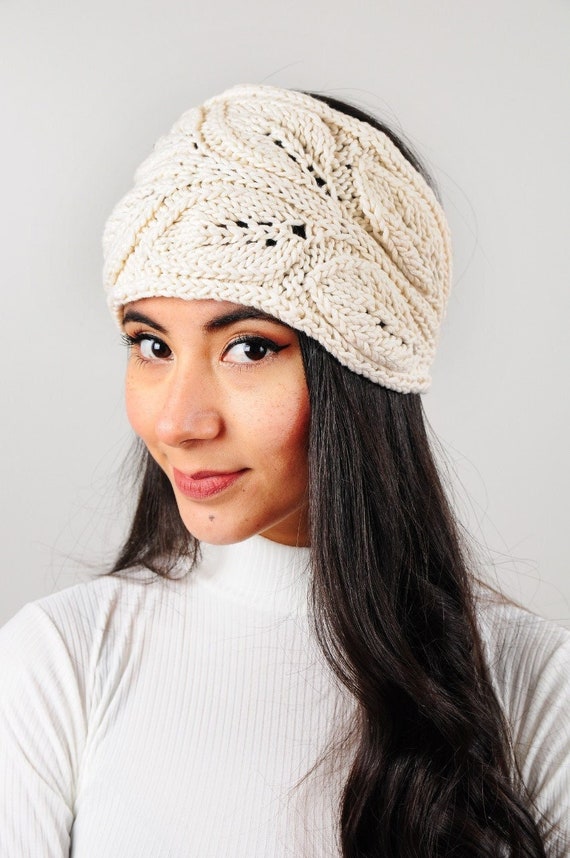 Handmade Headband, With Leaf Motifs Knitted With Cotton 
