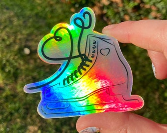 Holographic Rainbow Ice Skate Love Water Bottle Vinyl Sticker Skater Gift Figure Skater Decal