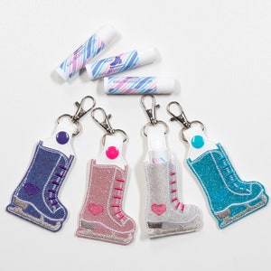 Ice Skate Lip Balm Holder Key Chain, Embroidered Vinyl in Your Choice of 4 Colors with Snap, Skater Gift, Ice Skating Gift, Figure Skating