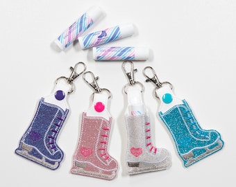 Ice Skate Lip Balm Holder Key Chain, Embroidered Vinyl in Your Choice of 4 Colors with Snap, Skater Gift, Ice Skating Gift, Figure Skating