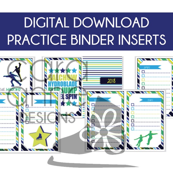 DIGITAL DOWNLOAD Figure Skater Practice Binder Page Inserts Green Yellow Blue Male Skater
