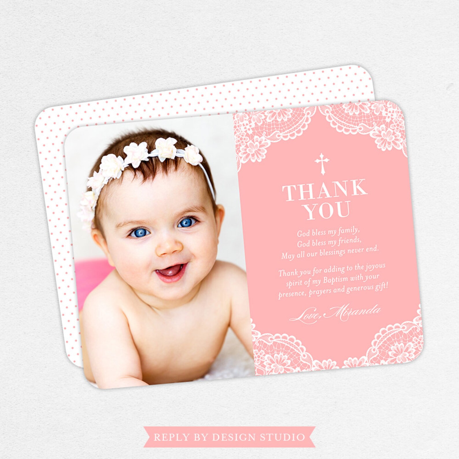 Pink Baptism Thank You Card Girl Baptism Thank You Cards Etsy
