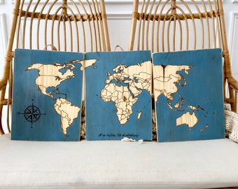 World Travel Map Triptych with Map Tacks