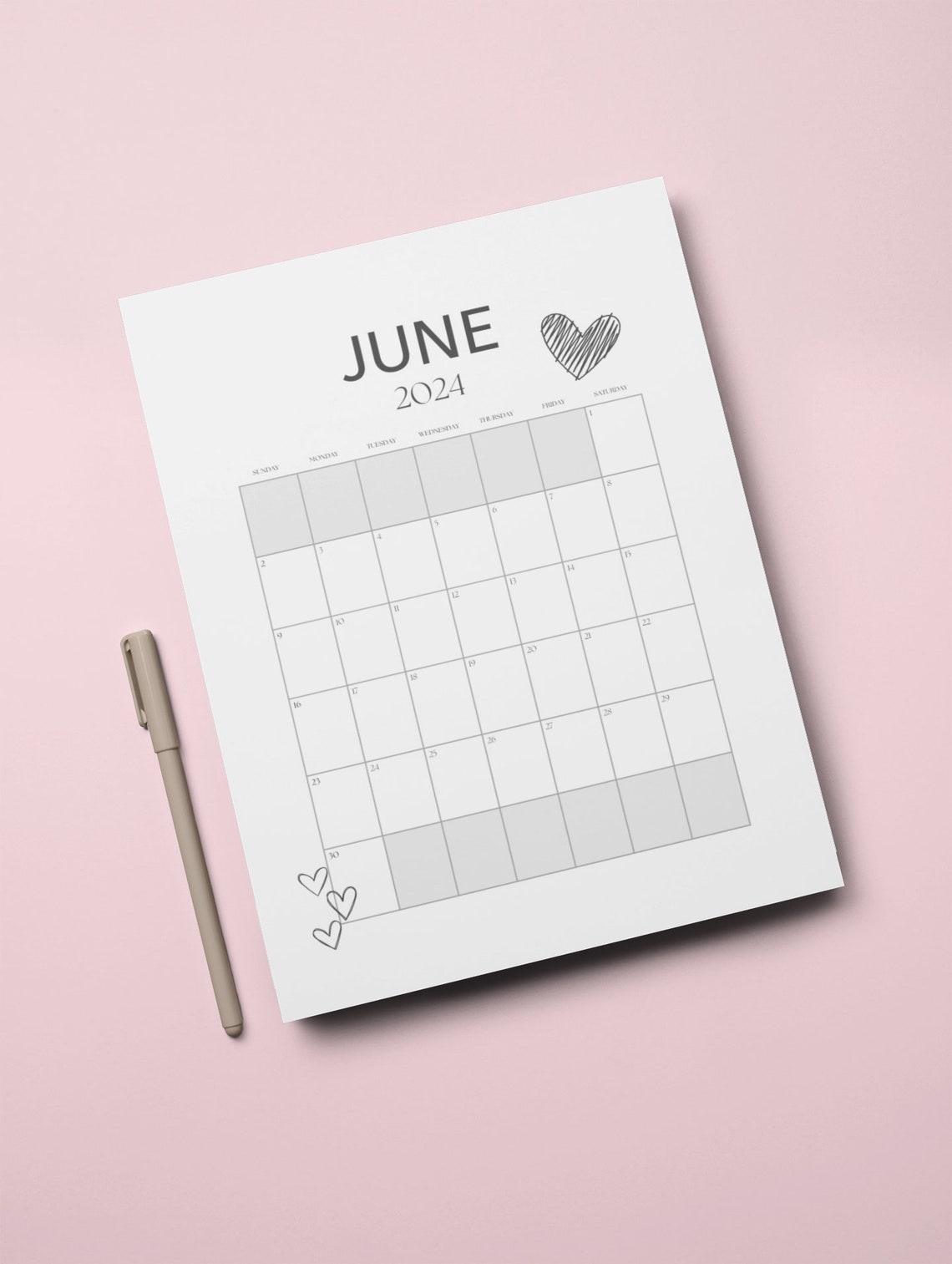 June 2024 Planner Page, Printable June 2024 Single Month Calendar, June