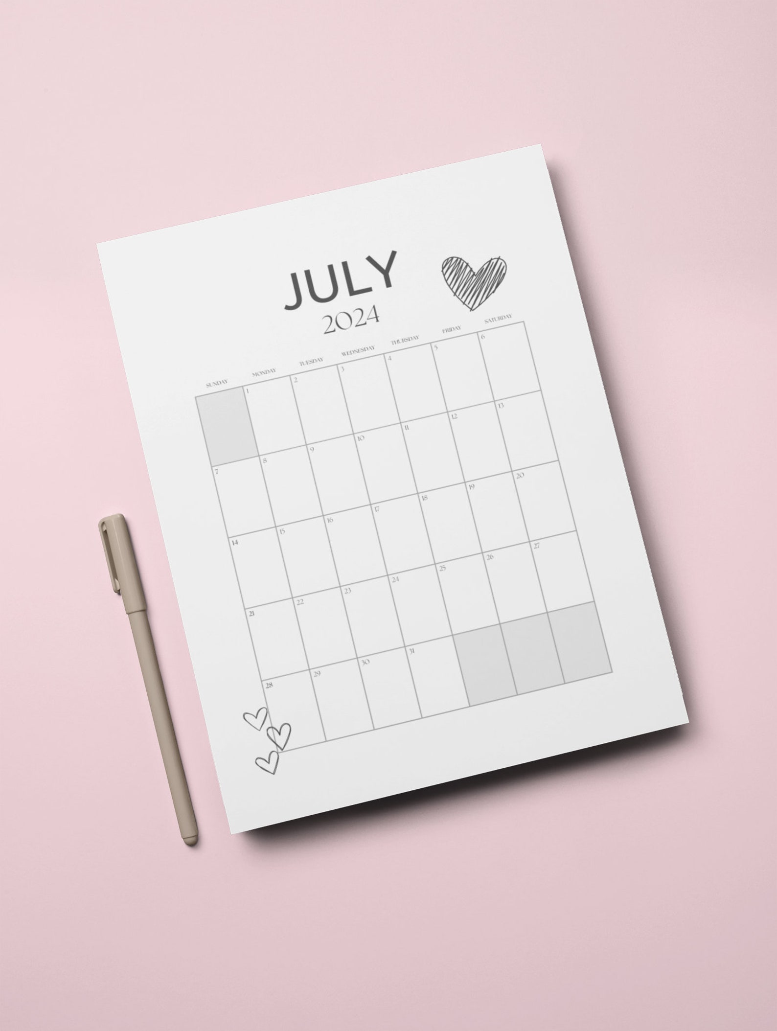 July 2024 Planner Page, Printable July 2024 Single Month Calendar, July