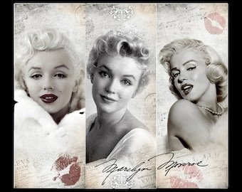 May include: A black and white collage of three images of Marilyn Monroe. The images are set against a background of vintage-looking paper with musical notes and a signature. The images feature Marilyn Monroe with different hairstyles and expressions.