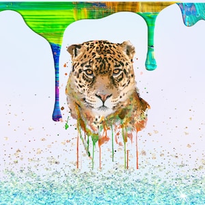 Seamless leopard head with glitter and paint drips sublimation straight 20oz tumbler download png jpeg green, red, turquoise & yellow