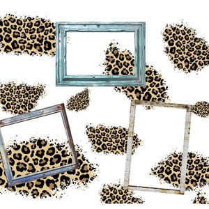May include: Four empty picture frames with distressed wood and blue paint finishes are arranged on a white background with a leopard print pattern.