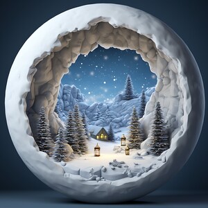 May include: A snowy winter scene with a small cabin, pine trees, and glowing lanterns inside a white snow globe.