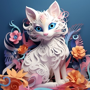 NUOVO gatto bianco 3d ha gli occhi azzurri con turbinii e download di sublimazione dei fiori