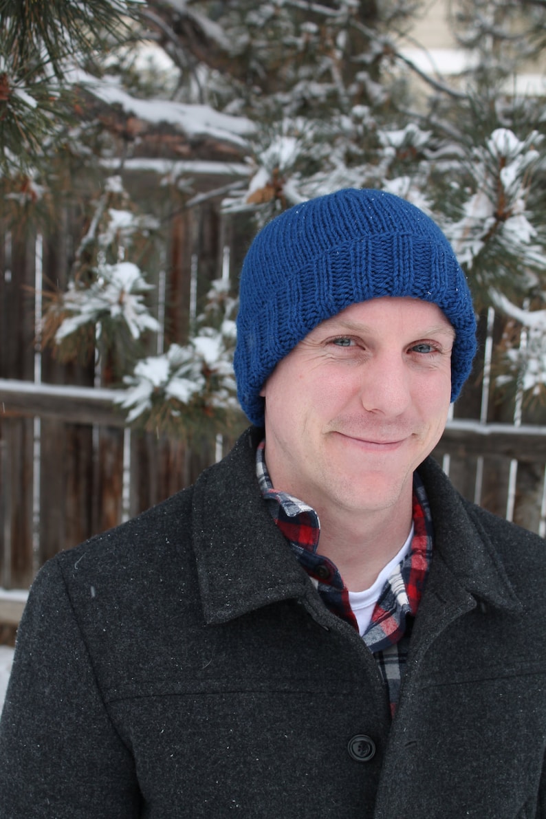 Handknit Classic Beanie with Rolled Brim in Blue