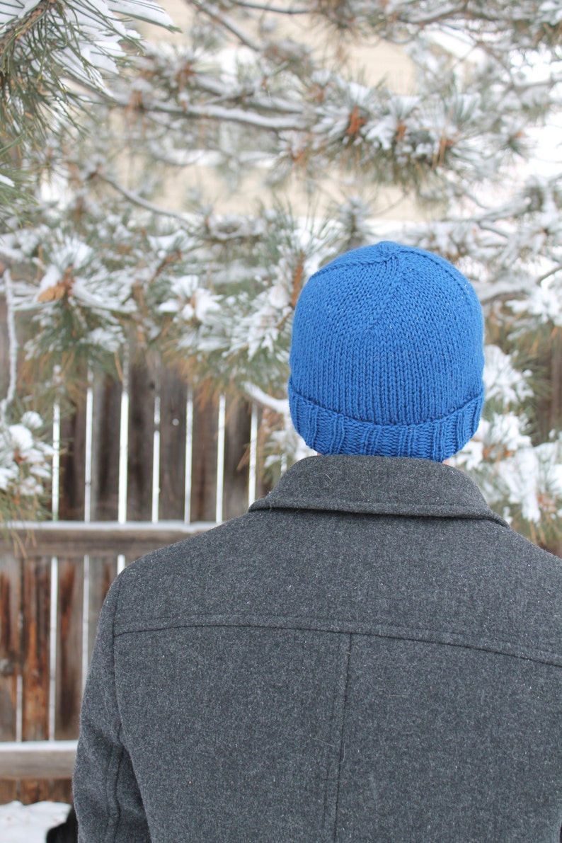 Handknit Classic Beanie with Rolled Brim in Blue