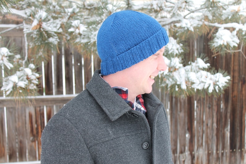 Handknit Classic Beanie with Rolled Brim in Blue