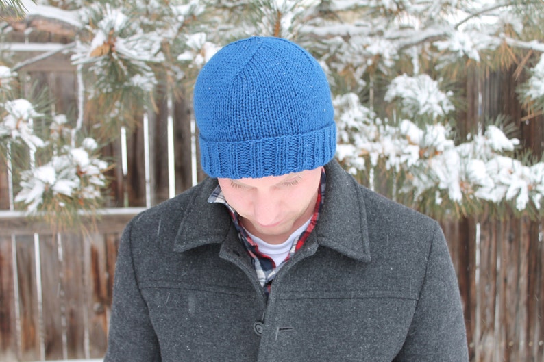 Handknit Classic Beanie with Rolled Brim in Blue
