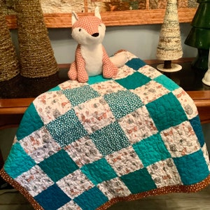 Woodland Critters Baby Quilt: Blue & Sage Green Patchwork Nursery Blanket