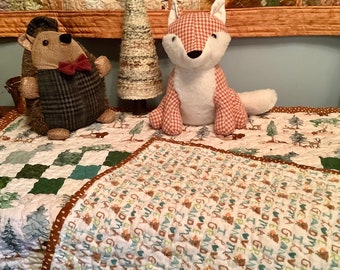 Baby Quilt, Woodland Patchwork Quilt,  Forrest Nursery Blanket, Brown and Sage Green Blocks