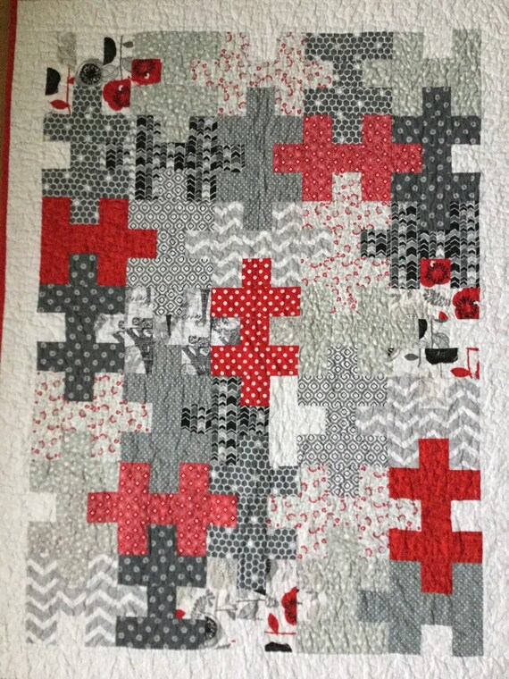 Modern Patchwork Puzzle Quilt: Red, Gray, & Black Lap Quilt