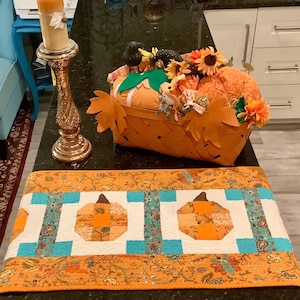 Handmade Pumpkin Quilted Table Runner, Rustic Fall Decor